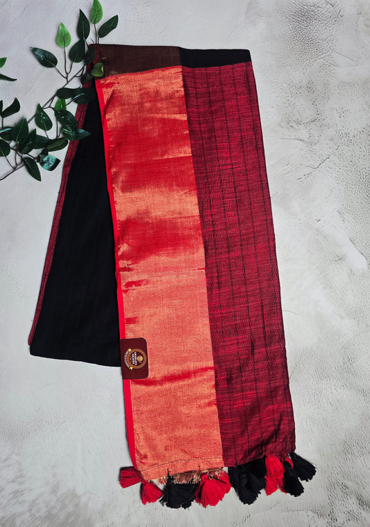 Black and Maroon Mul Cotton Saree with Copper Zari Pallu & Red-Black Tassels