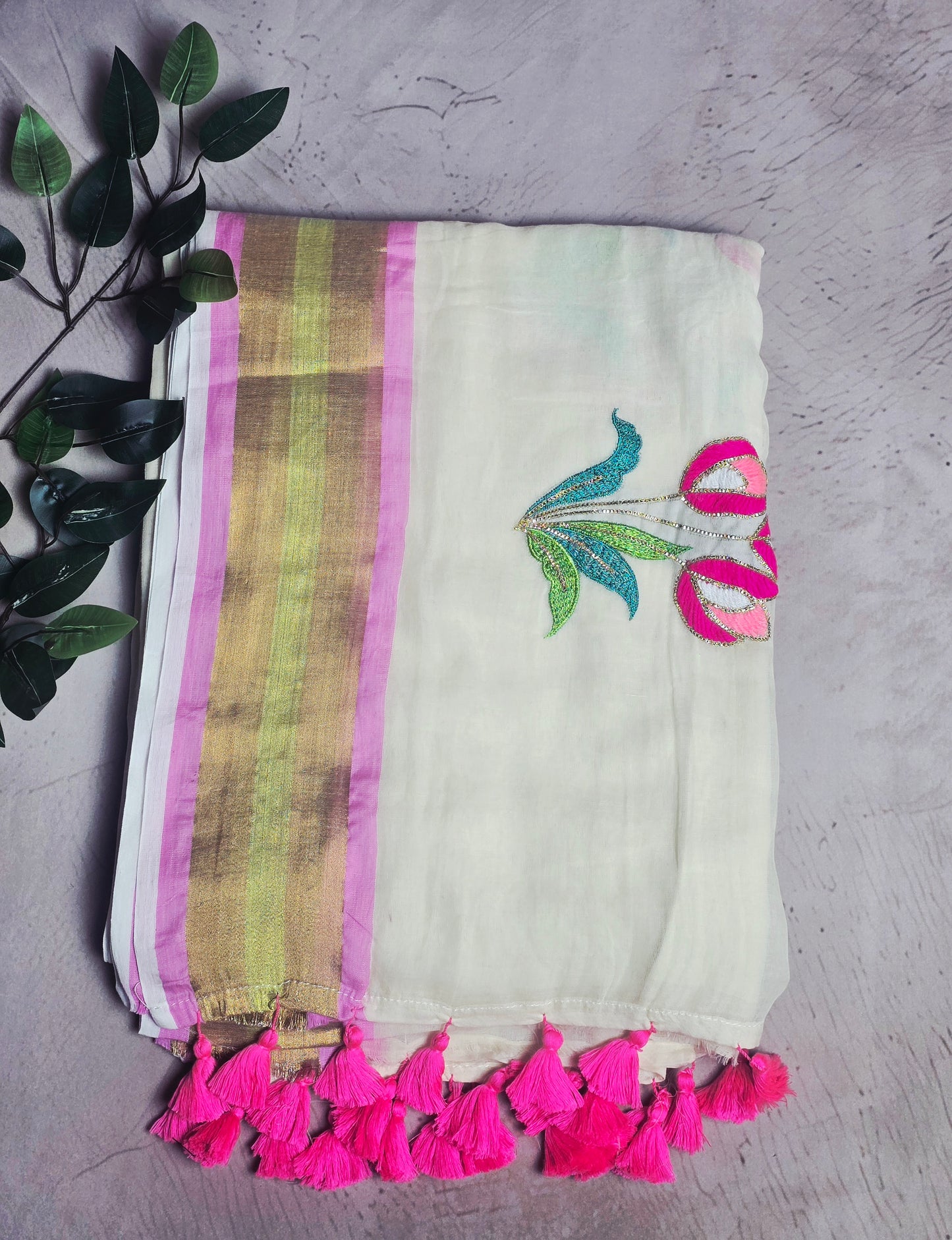 Ivory and Pink Mul Cotton Saree with Floral Embroidery, Gold Zari & Pink Tassels