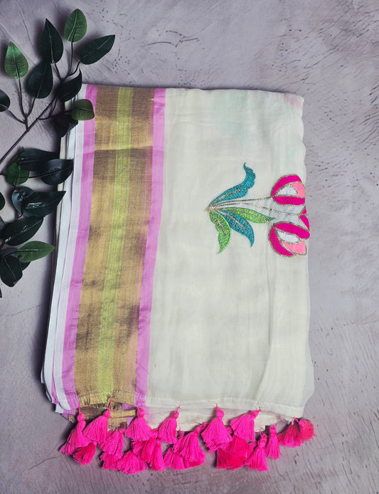 Ivory and Pink Mul Cotton Saree with Floral Embroidery, Gold Zari & Pink Tassels