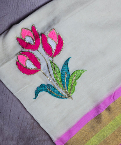 Ivory and Pink Mul Cotton Saree with Floral Embroidery, Gold Zari & Pink Tassels