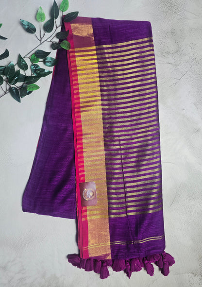 Purple and Magenta Mul Cotton Saree with Gold Striped Pallu & Tassels