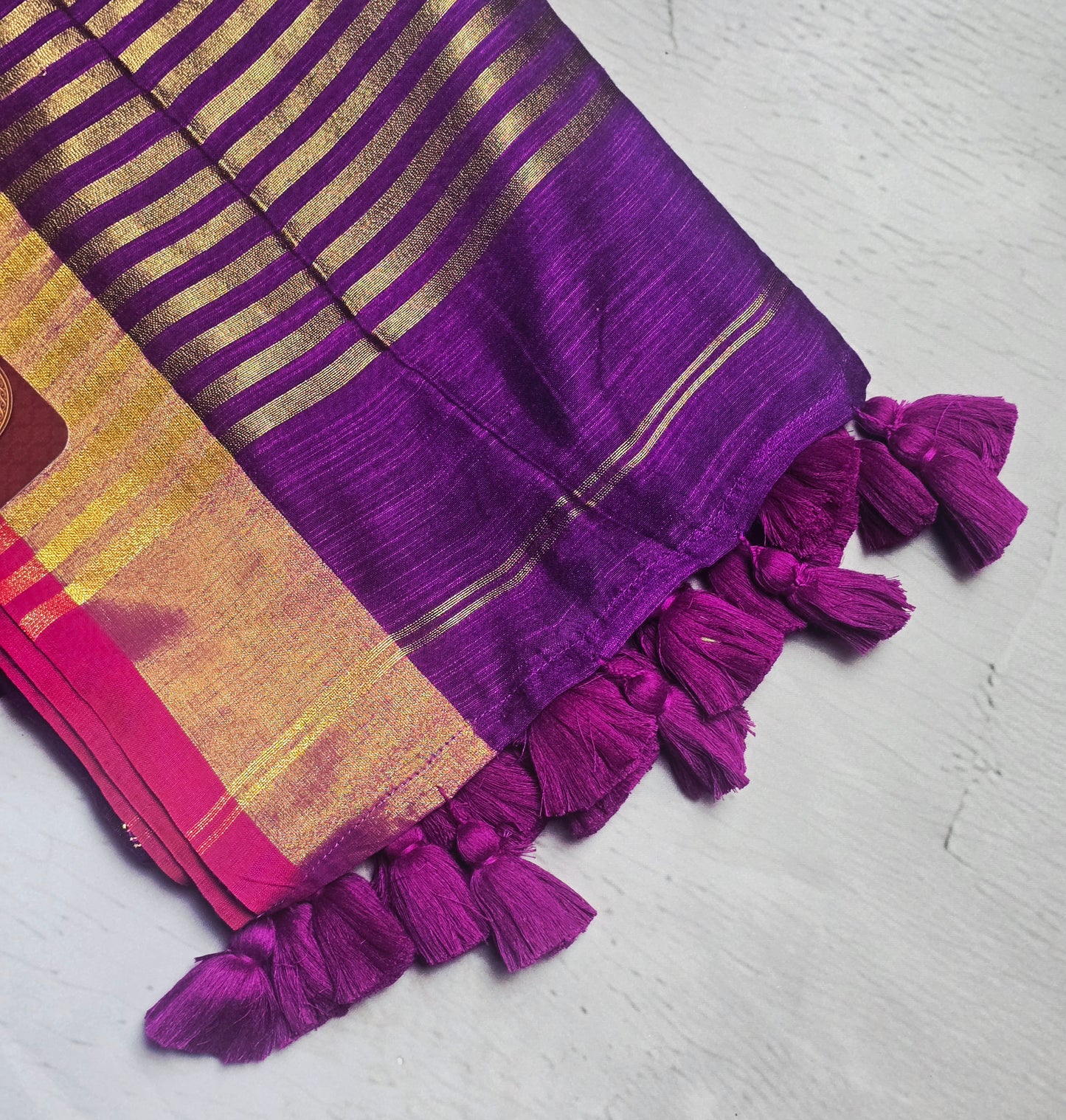Purple and Magenta Mul Cotton Saree with Gold Striped Pallu & Tassels