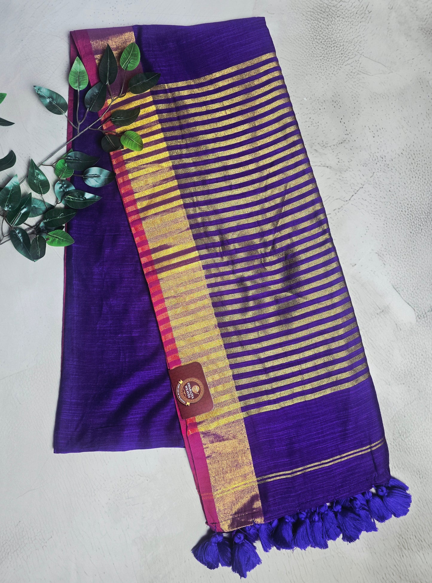 Deep Violet and Magenta Mull Cotton Saree with Gold Zari Stripes & Purple Tassels
