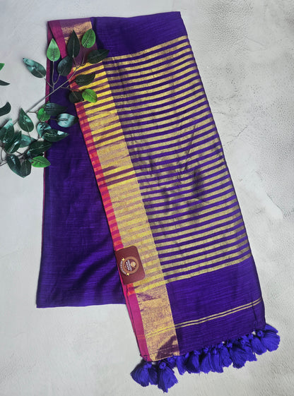 Deep Violet and Magenta Mull Cotton Saree with Gold Zari Stripes & Purple Tassels