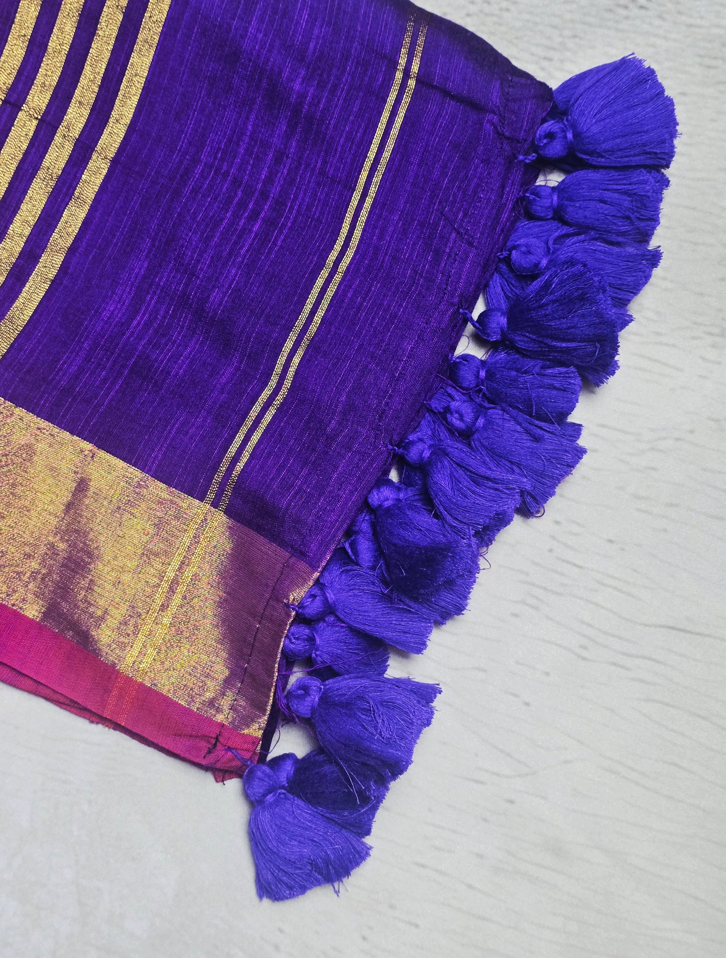Deep Violet and Magenta Mull Cotton Saree with Gold Zari Stripes & Purple Tassels