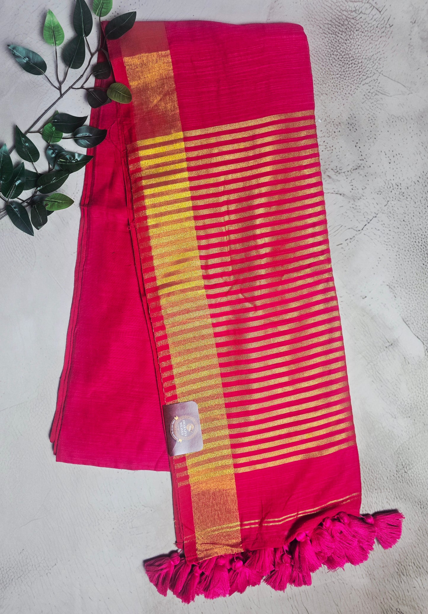 Fuchsia Pink Mull Cotton Saree with Gold Zari Stripes & Matching Tassels