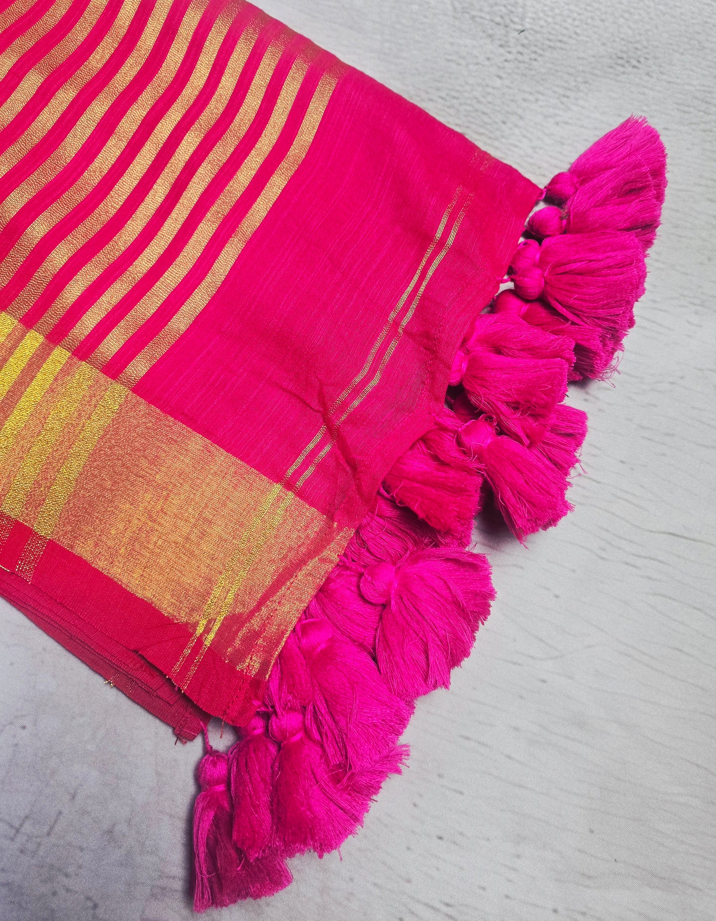 Fuchsia Pink Mull Cotton Saree with Gold Zari Stripes & Matching Tassels