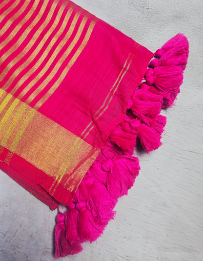 Fuchsia Pink Mull Cotton Saree with Gold Zari Stripes & Matching Tassels