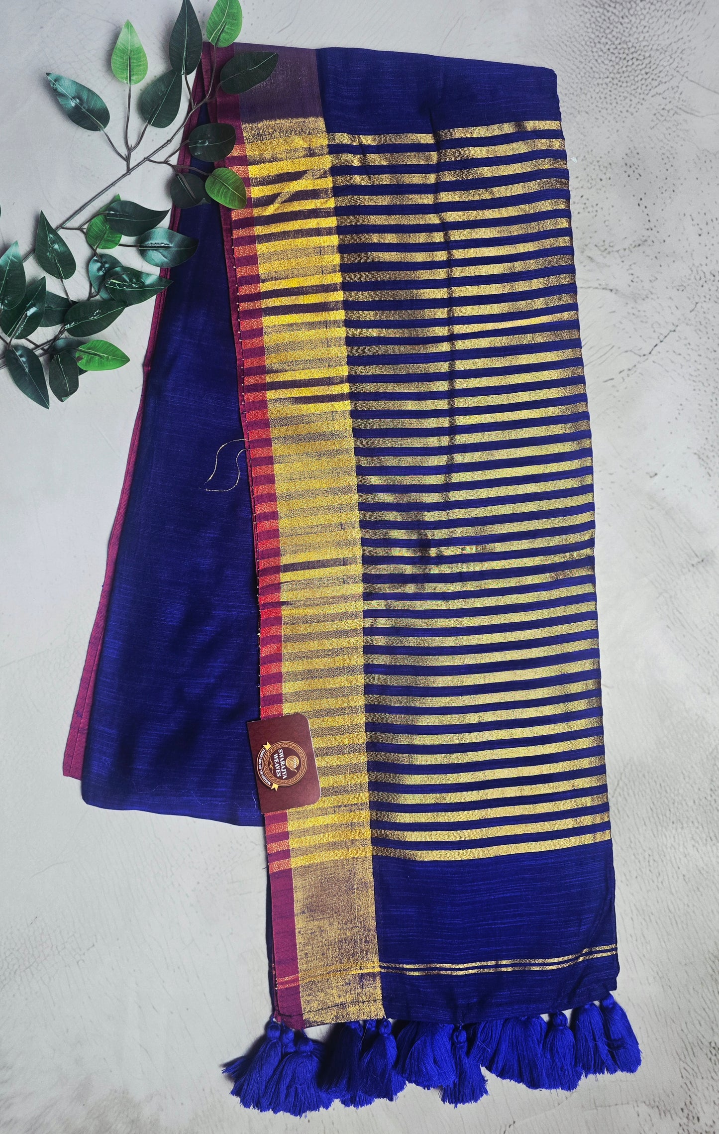 Navy Blue and Magenta Mull Cotton Saree with Gold Zari Stripes & Blue Tassels