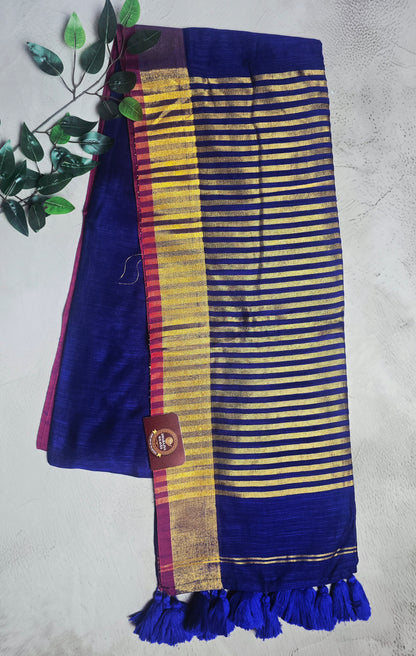 Navy Blue and Magenta Mull Cotton Saree with Gold Zari Stripes & Blue Tassels