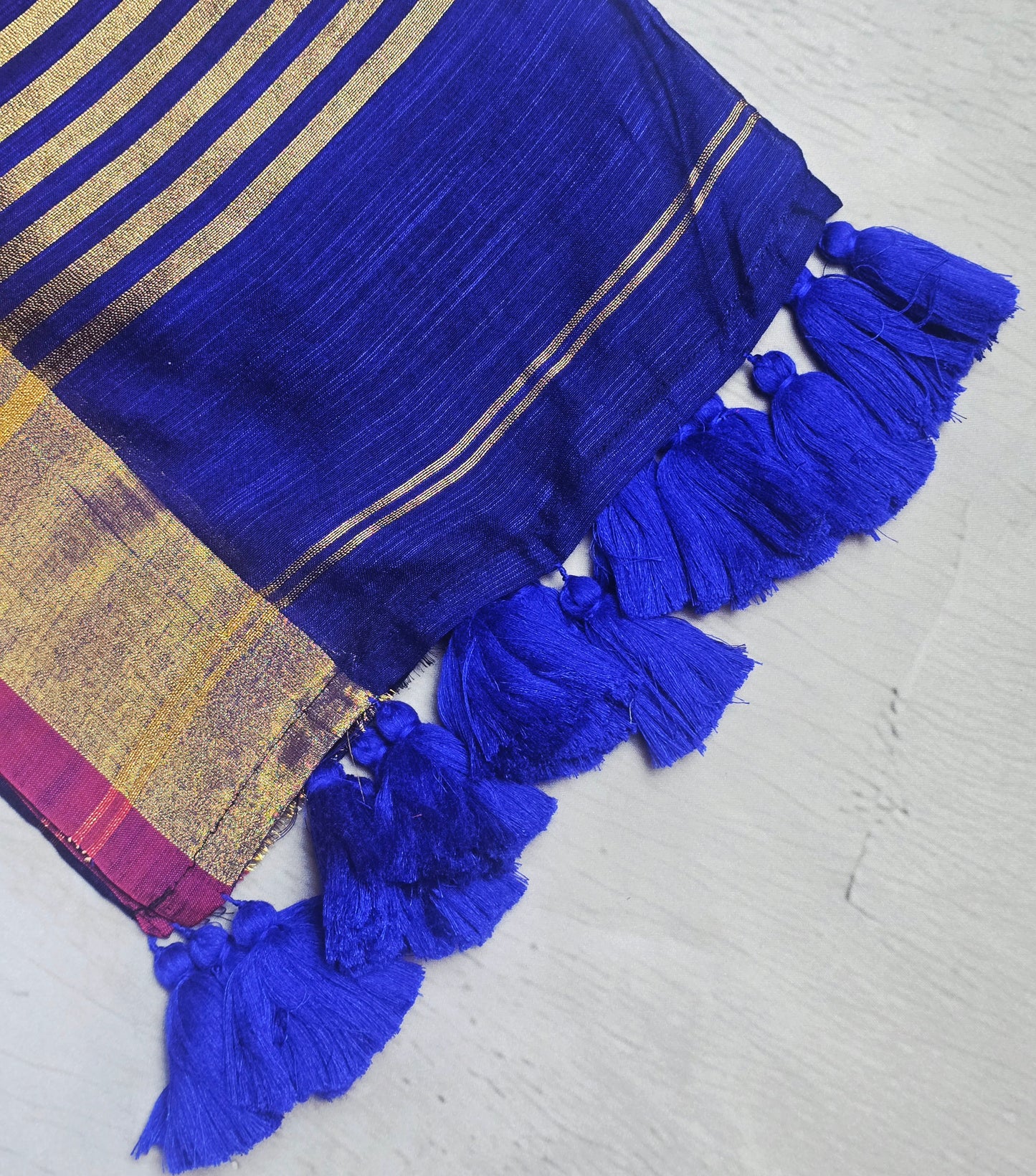 Navy Blue and Magenta Mull Cotton Saree with Gold Zari Stripes & Blue Tassels