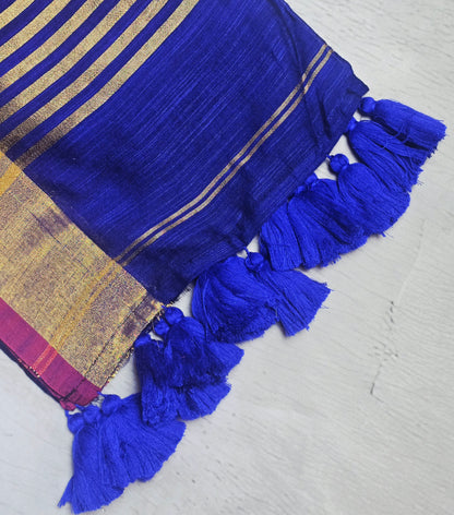 Navy Blue and Magenta Mull Cotton Saree with Gold Zari Stripes & Blue Tassels