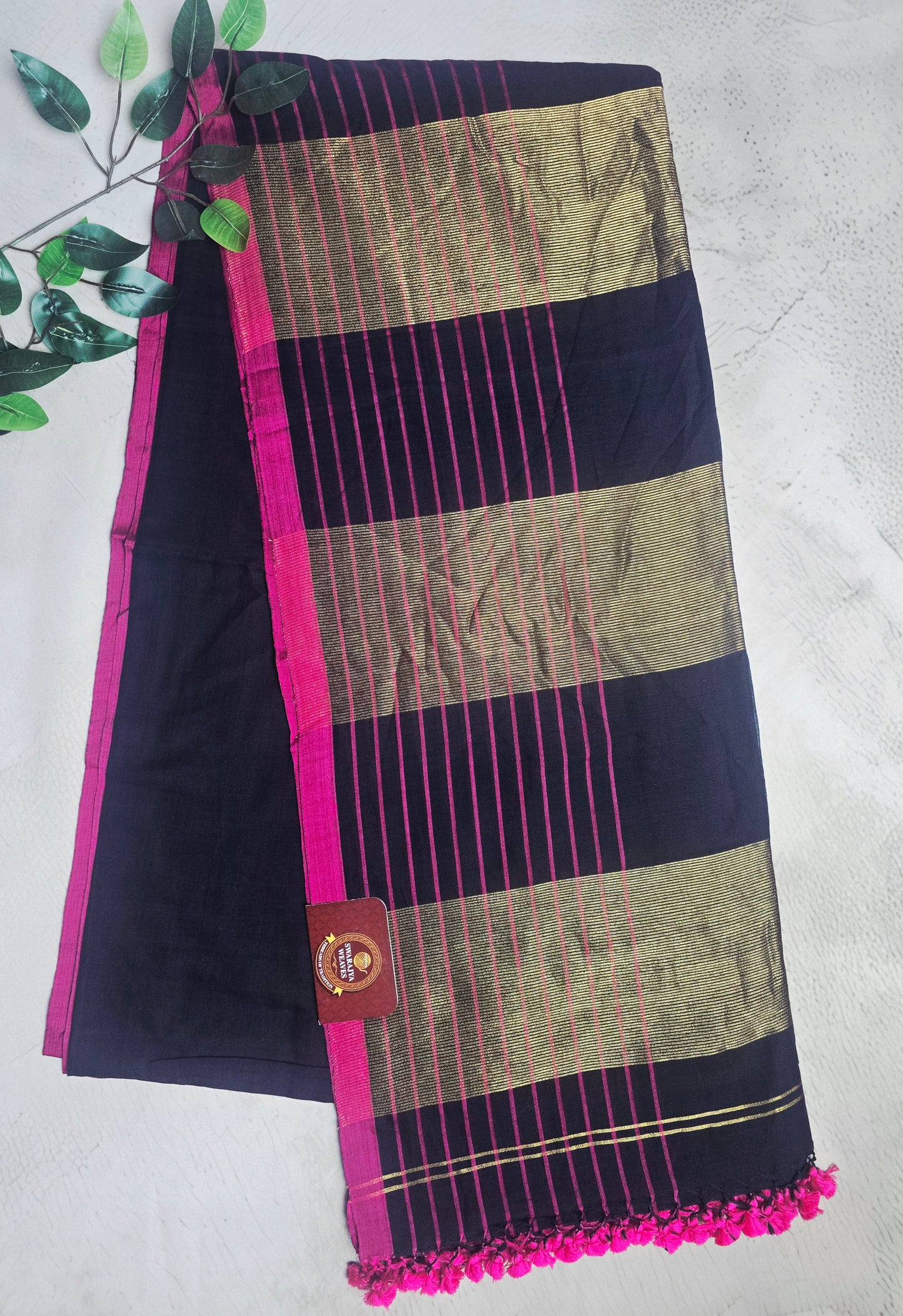 Deep Indigo and Magenta Mull Cotton Saree with Gold Zari Panels & Pink Tassels
