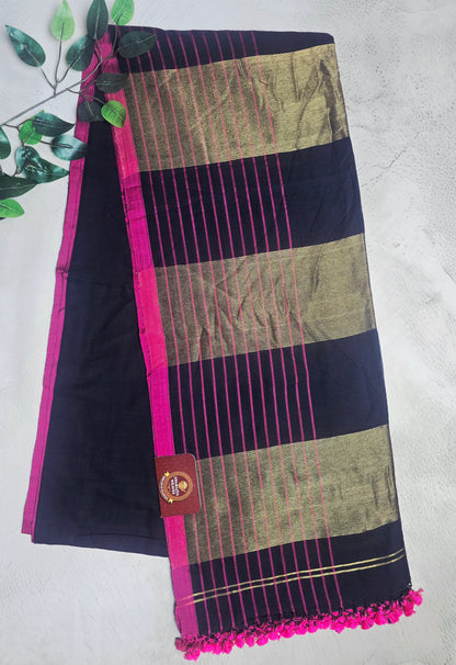 Deep Indigo and Magenta Mull Cotton Saree with Gold Zari Panels & Pink Tassels