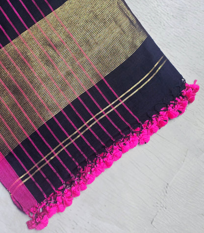 Deep Indigo and Magenta Mull Cotton Saree with Gold Zari Panels & Pink Tassels