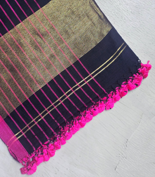 Deep Indigo and Magenta Mull Cotton Saree with Gold Zari Panels & Pink Tassels