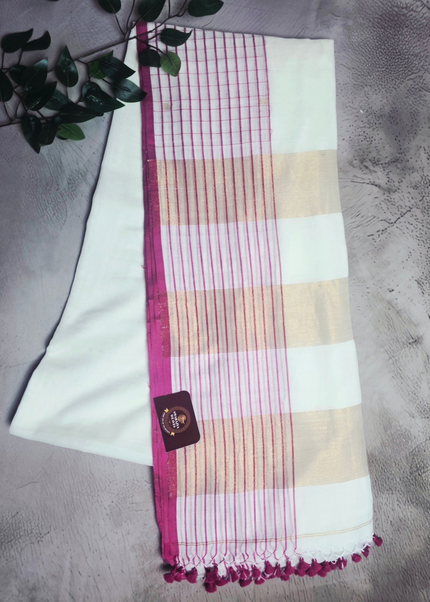 Ivory and Magenta Mull Cotton Saree with Gold Zari Stripes & Magenta Tassels