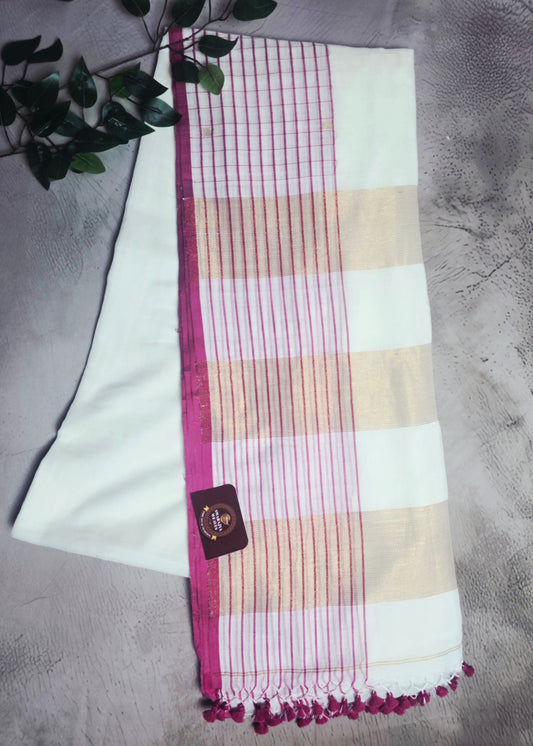 Ivory and Magenta Mull Cotton Saree with Gold Zari Stripes & Magenta Tassels