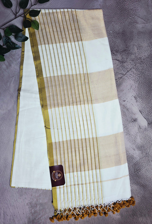 Ivory and Gold Mull Cotton Saree with Fine Zari Stripes & Golden Tassels