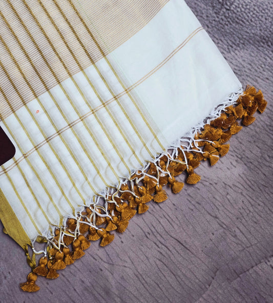 Ivory and Gold Mull Cotton Saree with Fine Zari Stripes & Golden Tassels