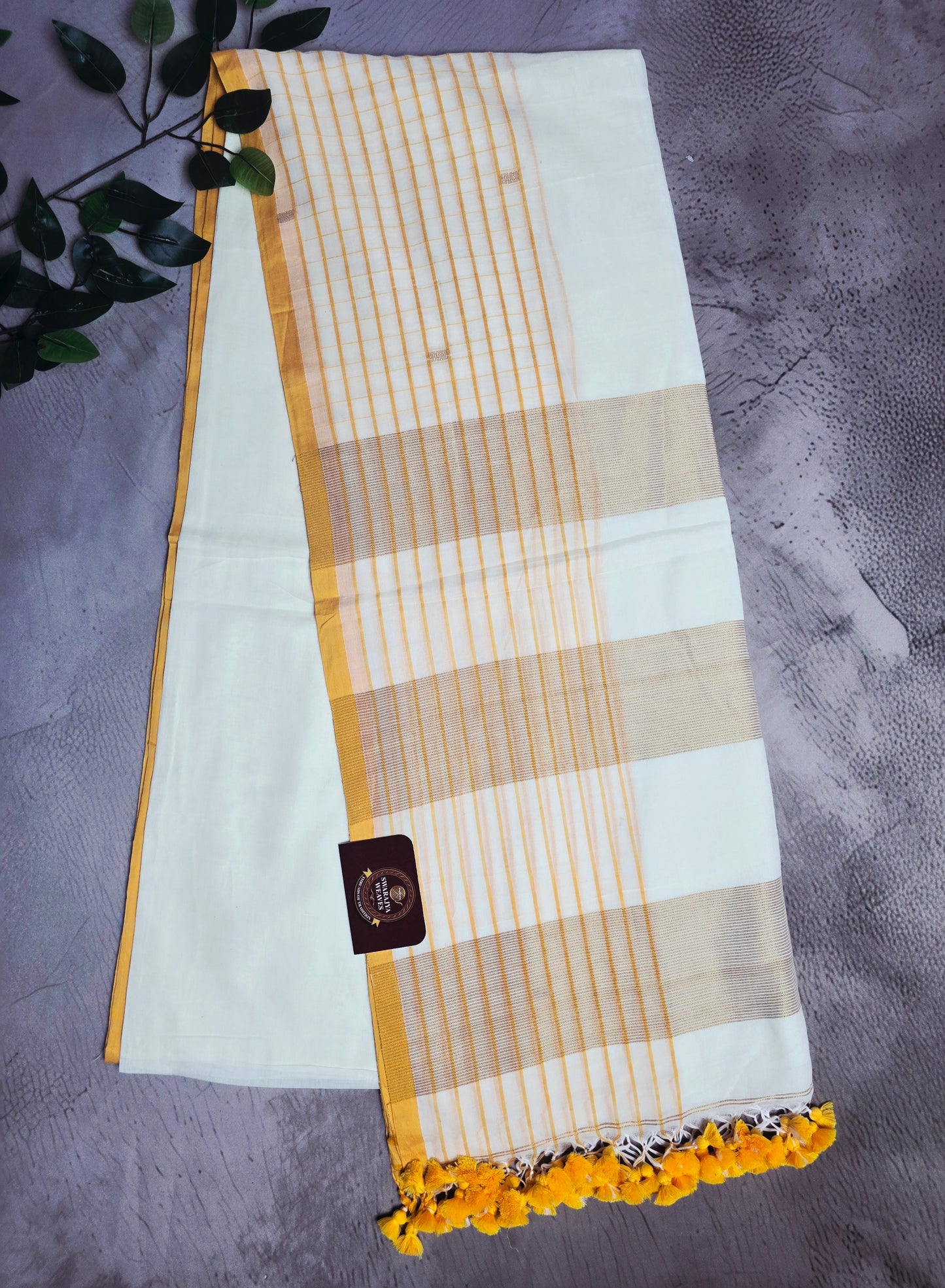 Ivory and Mustard Mull Cotton Saree with Gold Zari Stripes & Yellow Tassels