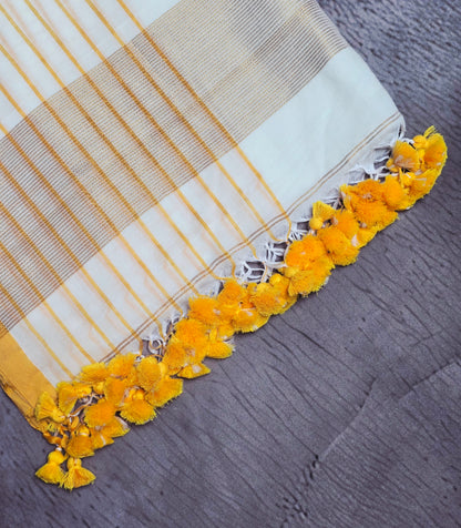 Ivory and Mustard Mull Cotton Saree with Gold Zari Stripes & Yellow Tassels