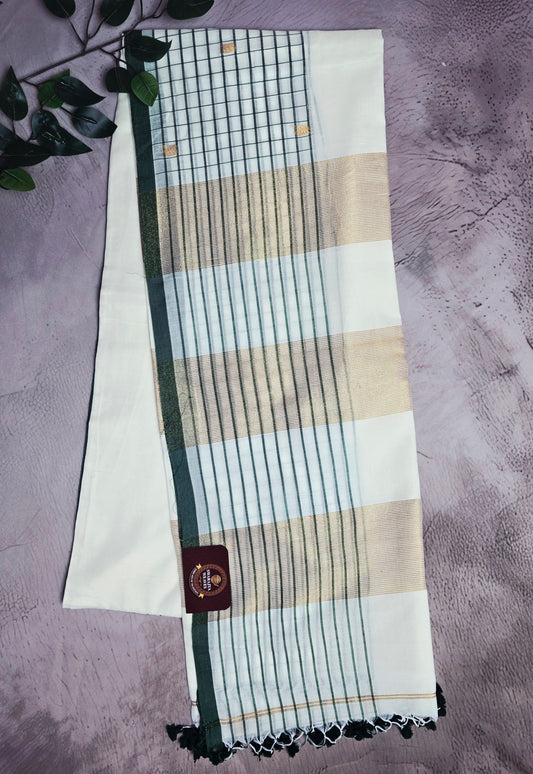 Ivory and Bottle Green Mull Cotton Saree with Gold Zari Panels & Black Tassels