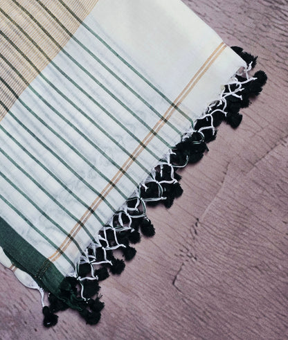 Ivory and Bottle Green Mull Cotton Saree with Gold Zari Panels & Black Tassels