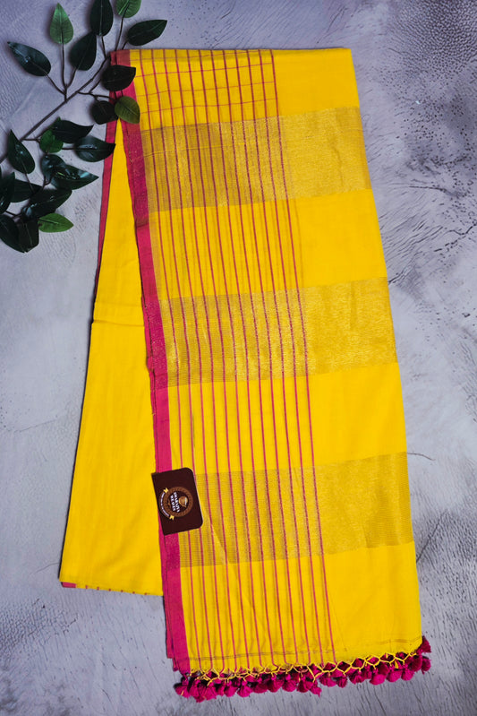 Bright Yellow and Magenta Mull Cotton Saree with Gold Zari Panels & Magenta Tassels