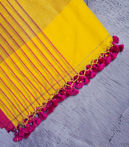 Bright Yellow and Magenta Mull Cotton Saree with Gold Zari Panels & Magenta Tassels