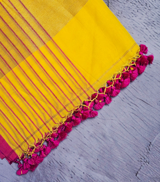 Bright Yellow and Magenta Mull Cotton Saree with Gold Zari Panels & Magenta Tassels