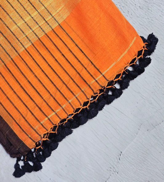 Orange and Dark Brown Mull Cotton Saree with Gold Zari Panels & Black Tassels