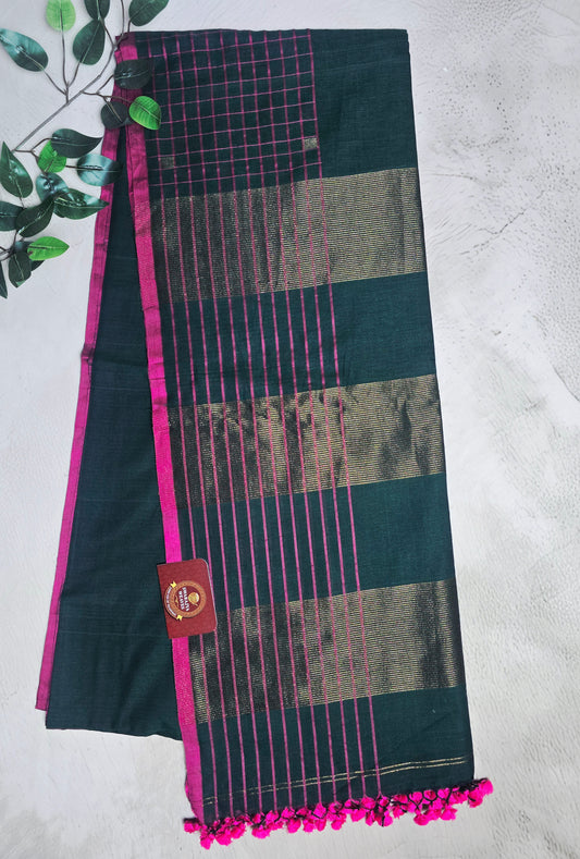 Deep Teal and Magenta Mull Cotton Saree with Gold Zari Panels & Magenta Tassels