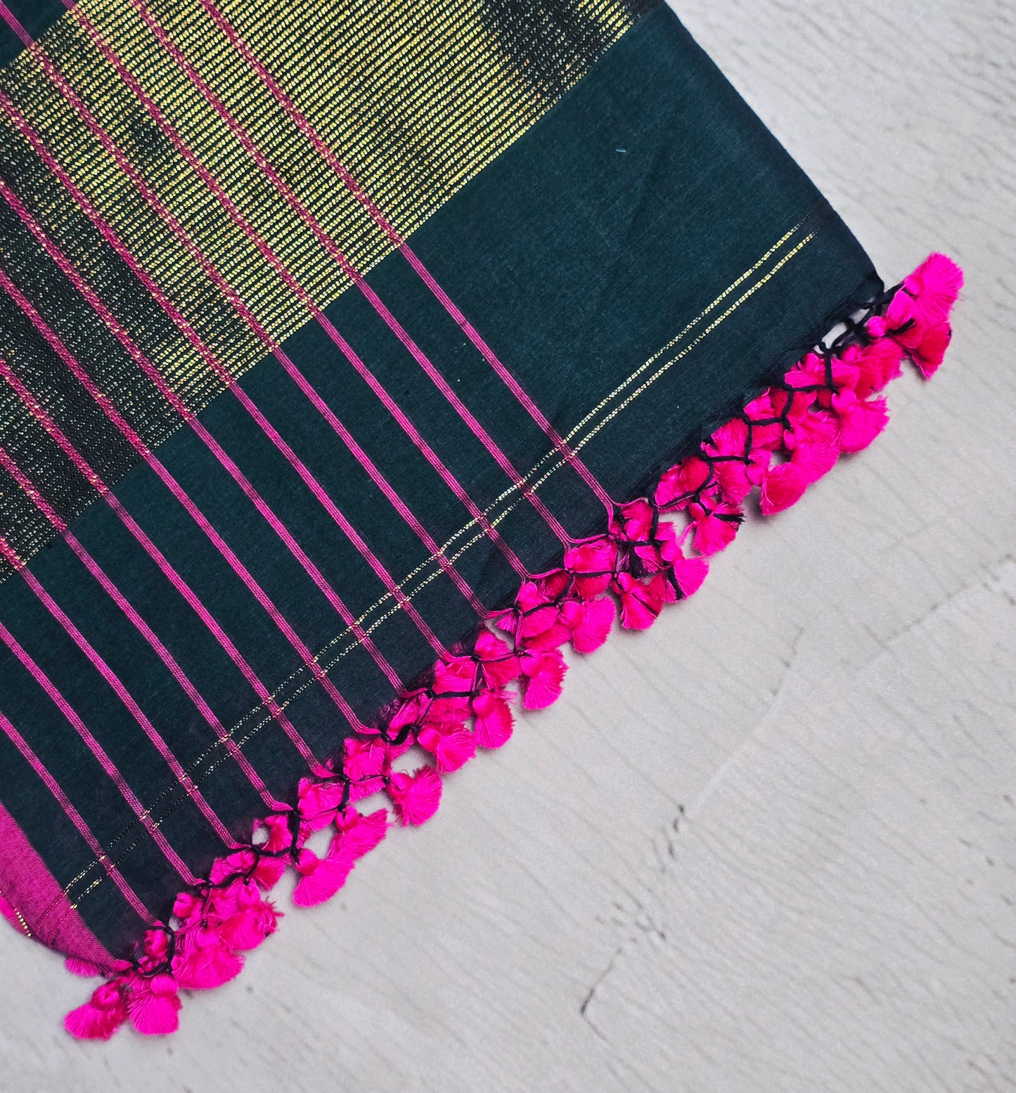 Deep Teal and Magenta Mull Cotton Saree with Gold Zari Panels & Magenta Tassels