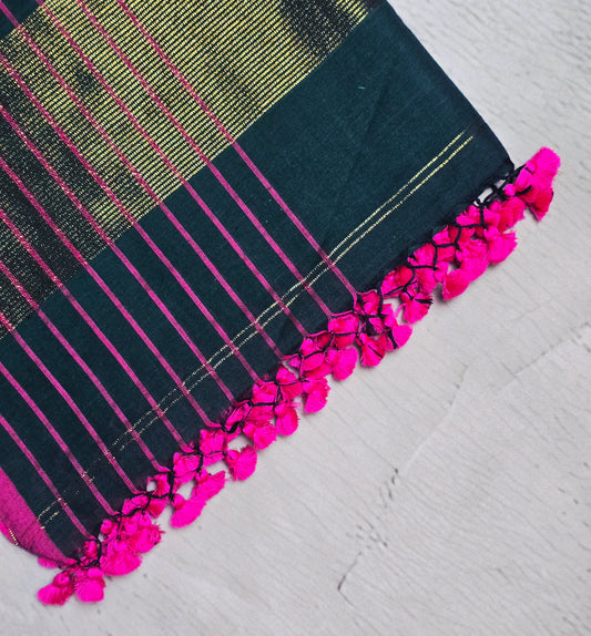 Deep Teal and Magenta Mull Cotton Saree with Gold Zari Panels & Magenta Tassels
