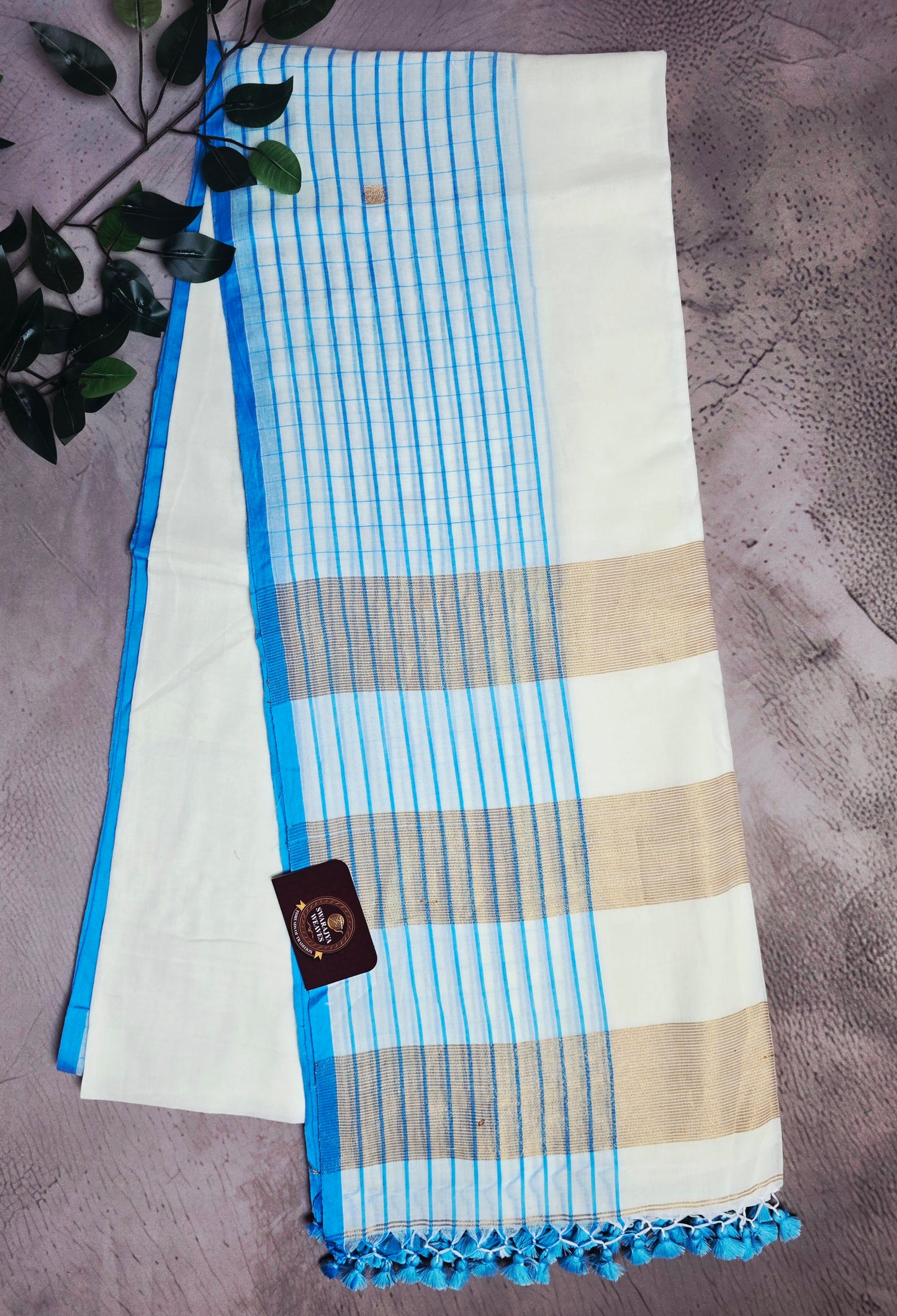 Ivory and Cyan Blue Mull Cotton Saree with Gold Zari Panels & Blue Tassels