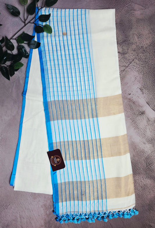 Ivory and Cyan Blue Mull Cotton Saree with Gold Zari Panels & Blue Tassels
