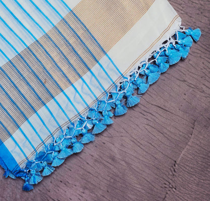 Ivory and Cyan Blue Mull Cotton Saree with Gold Zari Panels & Blue Tassels
