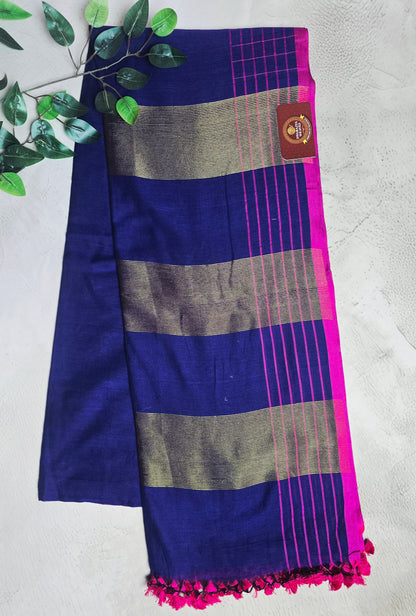 Deep Indigo and Magenta Mull Cotton Saree with Gold Zari Panels & Magenta Tassels