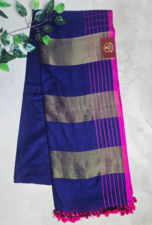 Deep Indigo and Magenta Mull Cotton Saree with Gold Zari Panels & Magenta Tassels