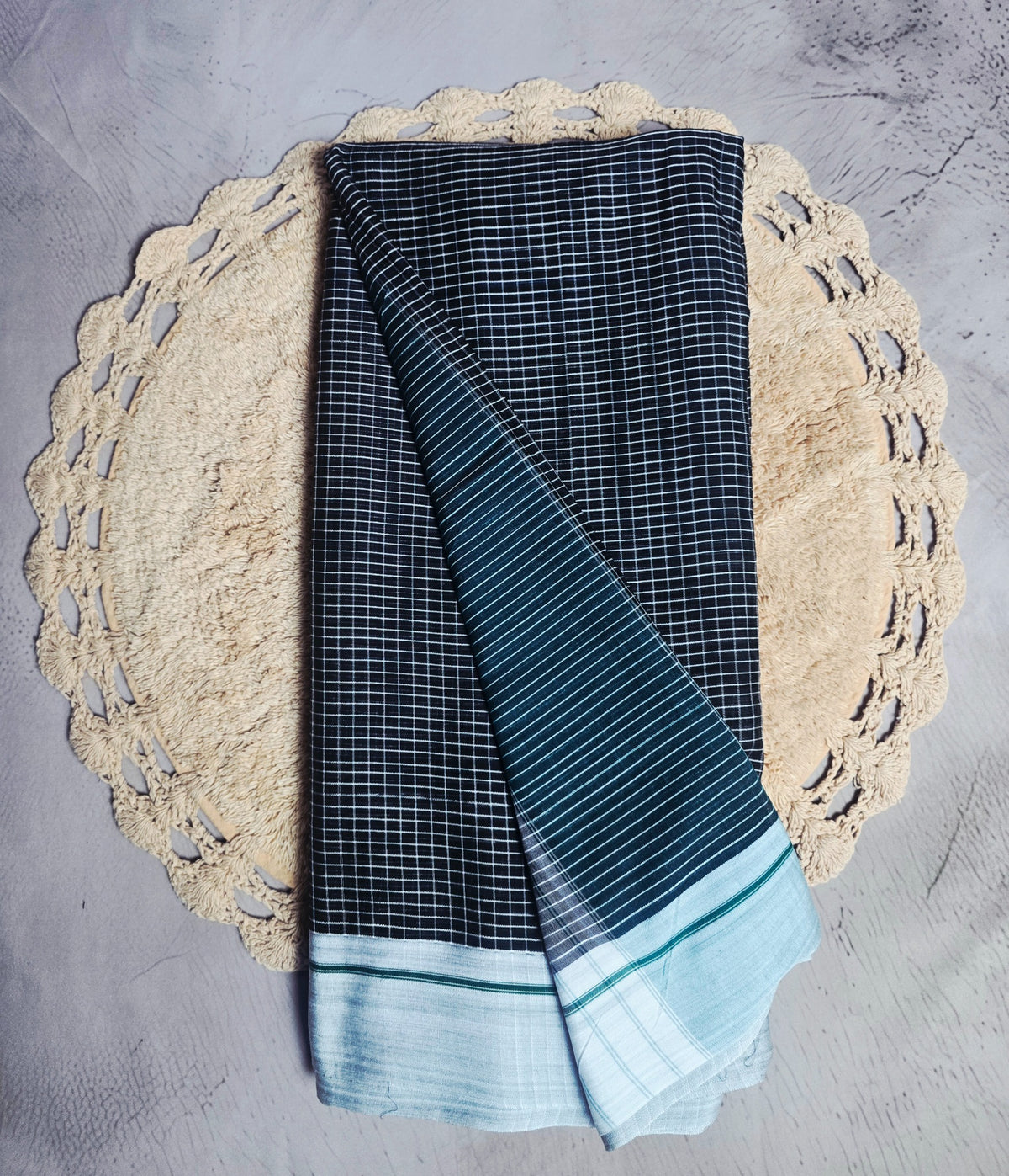 Black and light blue checked Patteda Anchu Ilkal saree drape