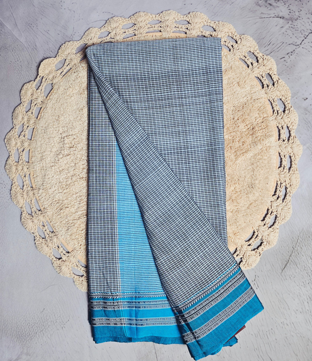 Black grey and turquoise checked Patteda Anchu Ilkal saree