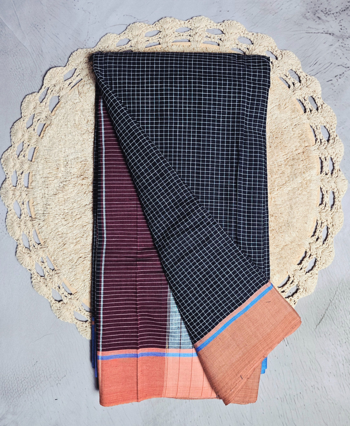 Black and maroon checked Patteda Anchu Ilkal saree drape