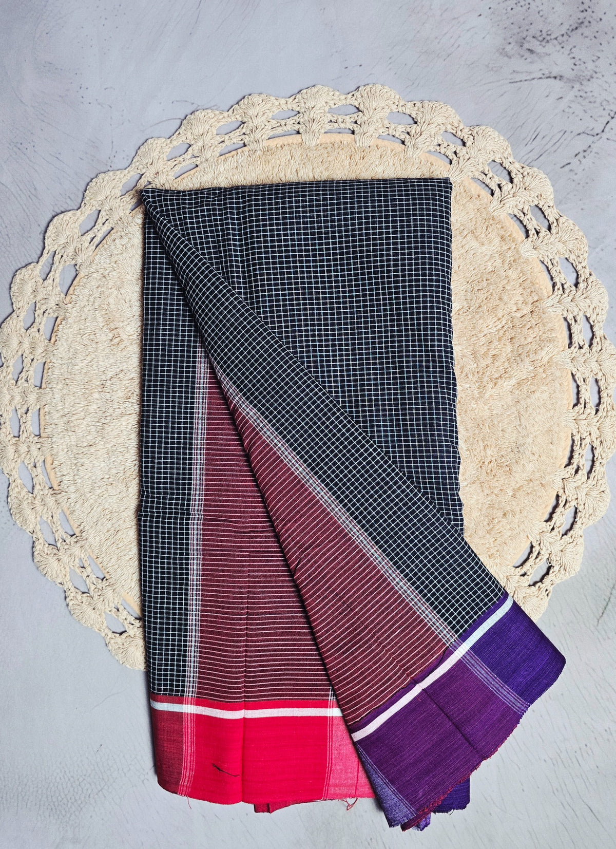 Black maroon and purple checked Patteda Anchu Ilkal saree drape