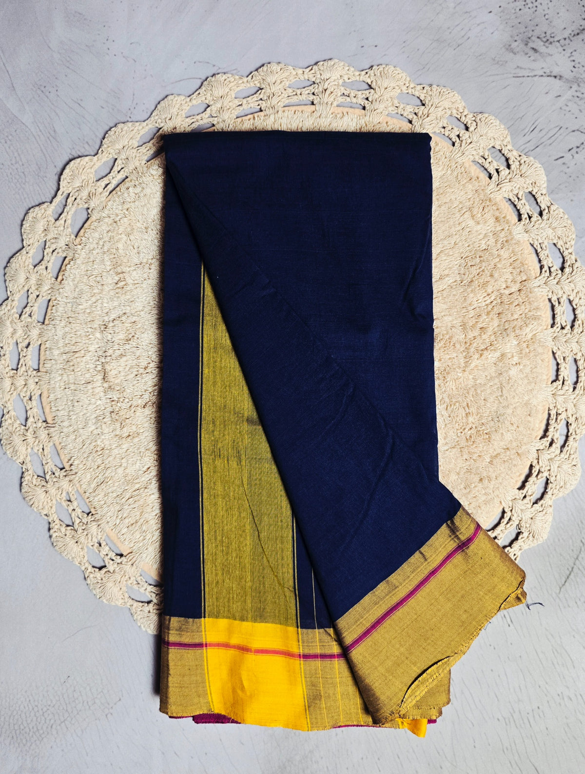 Navy blue and mustard yellow Ilkal saree