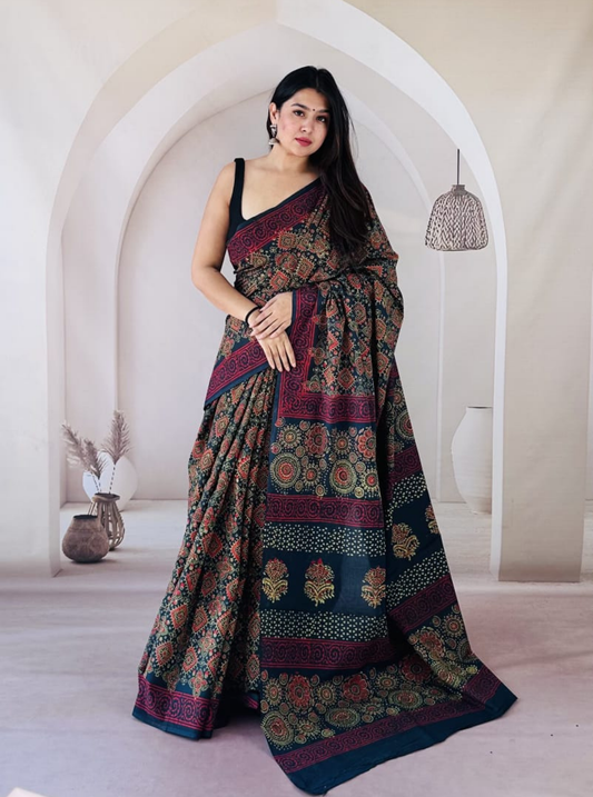 Deep Teal Bagru Print Cotton Saree with Maroon & Mustard Ethnic Motifs