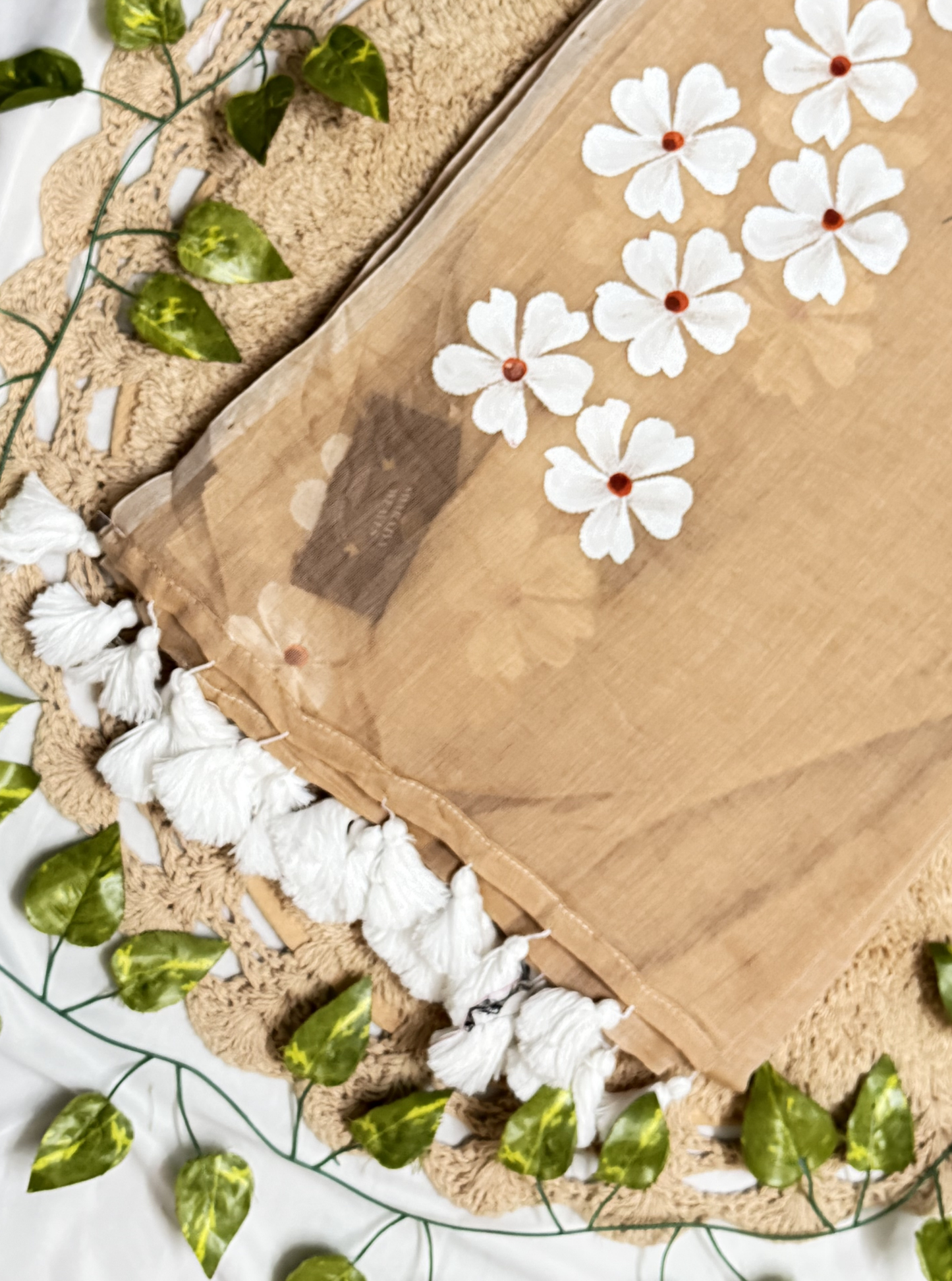 Sand Beige Mul Cotton Saree with White Floral Embroidery