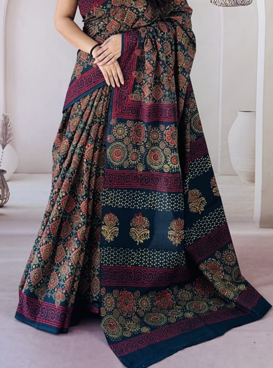 Deep Teal Bagru Print Cotton Saree with Maroon & Mustard Ethnic Motifs