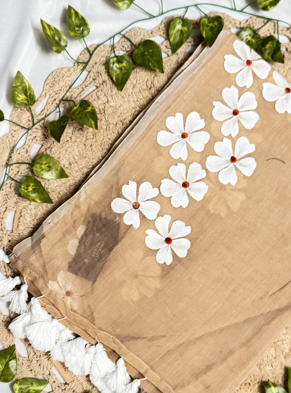 Sand Beige Mul Cotton Saree with White Floral Embroidery