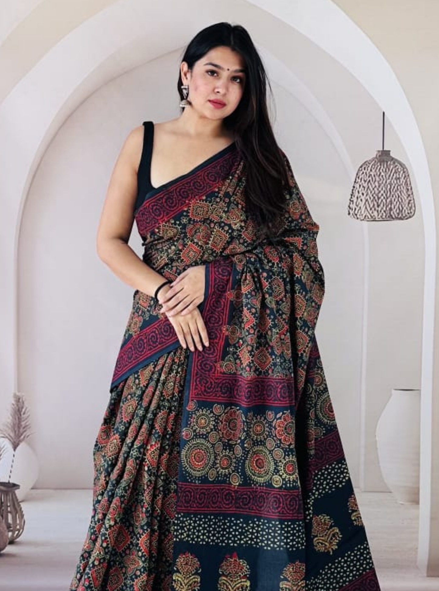 Deep Teal Bagru Print Cotton Saree with Maroon & Mustard Ethnic Motifs
